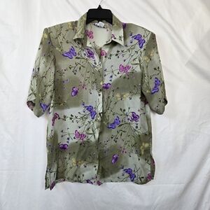 Bon Worth Womens Green Floral Butterfly Short Sleeve Chiffon Button Blouse S Vtg
